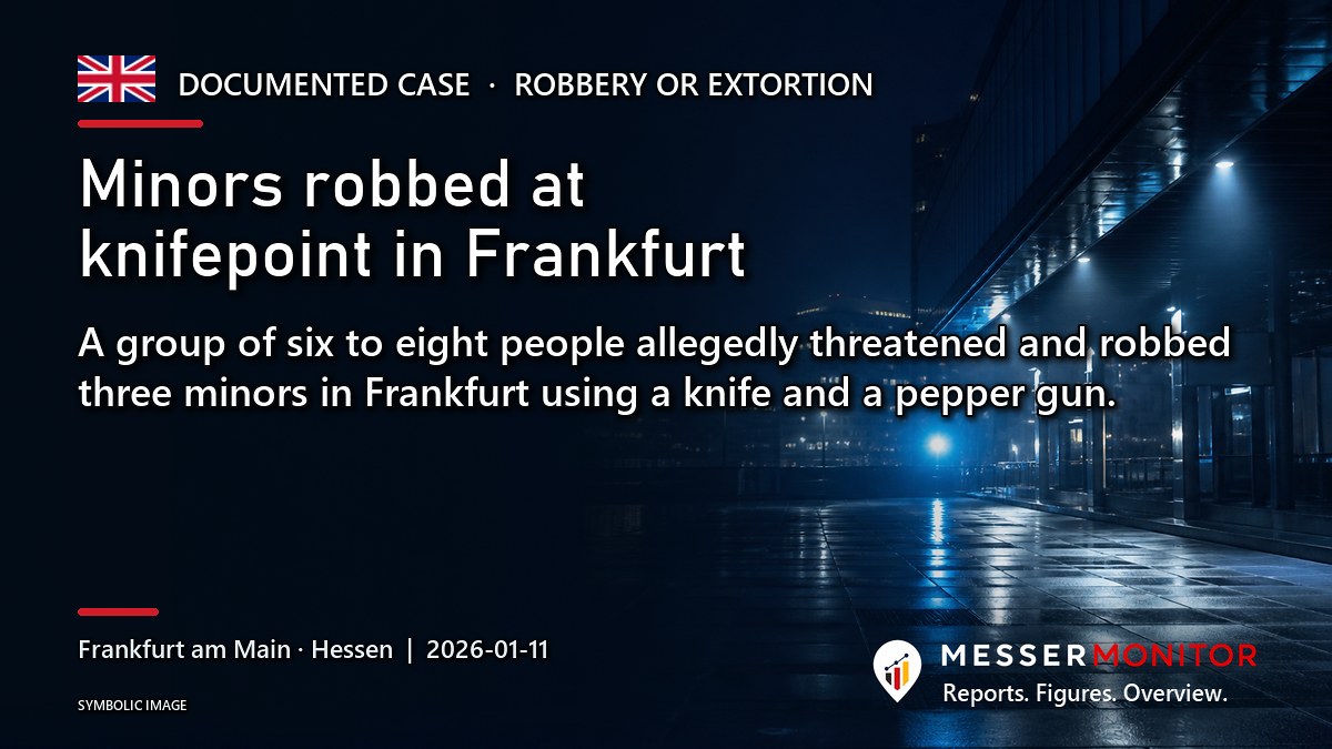 Title image: Minors robbed at knifepoint in Frankfurt. A group of six to eight people allegedly threatened and robbed three minors in Frankfurt using a knife and a pepper gun..
