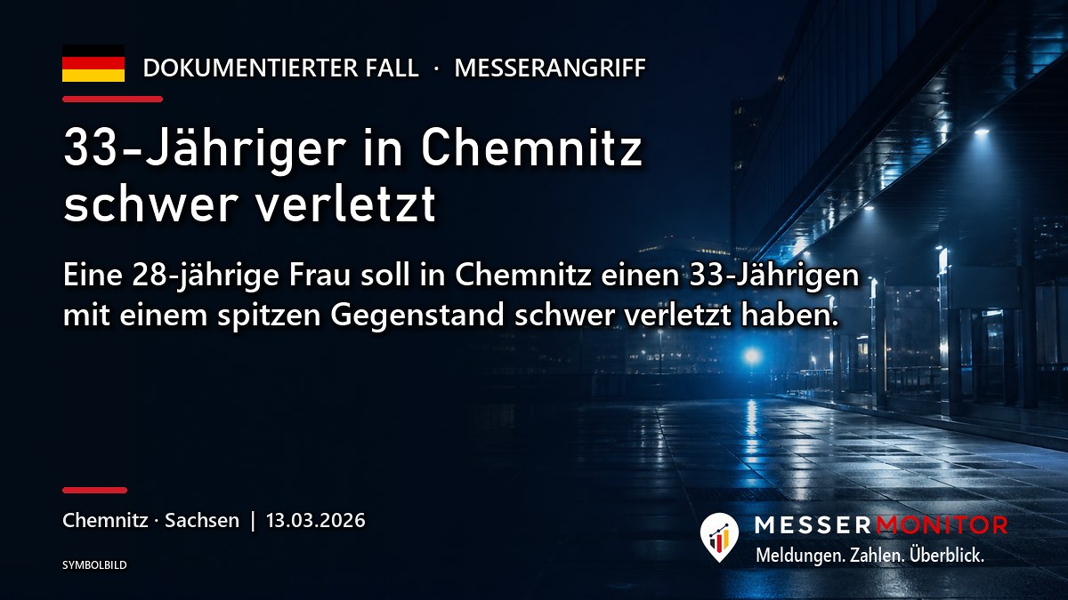 Titelgrafik: 33-Jähriger in Chemnitz schwer verletzt. Eine 28-jährige Frau soll in Chemnitz einen 33-Jährigen mit einem spitzen Gegenstand schwer verletzt haben..