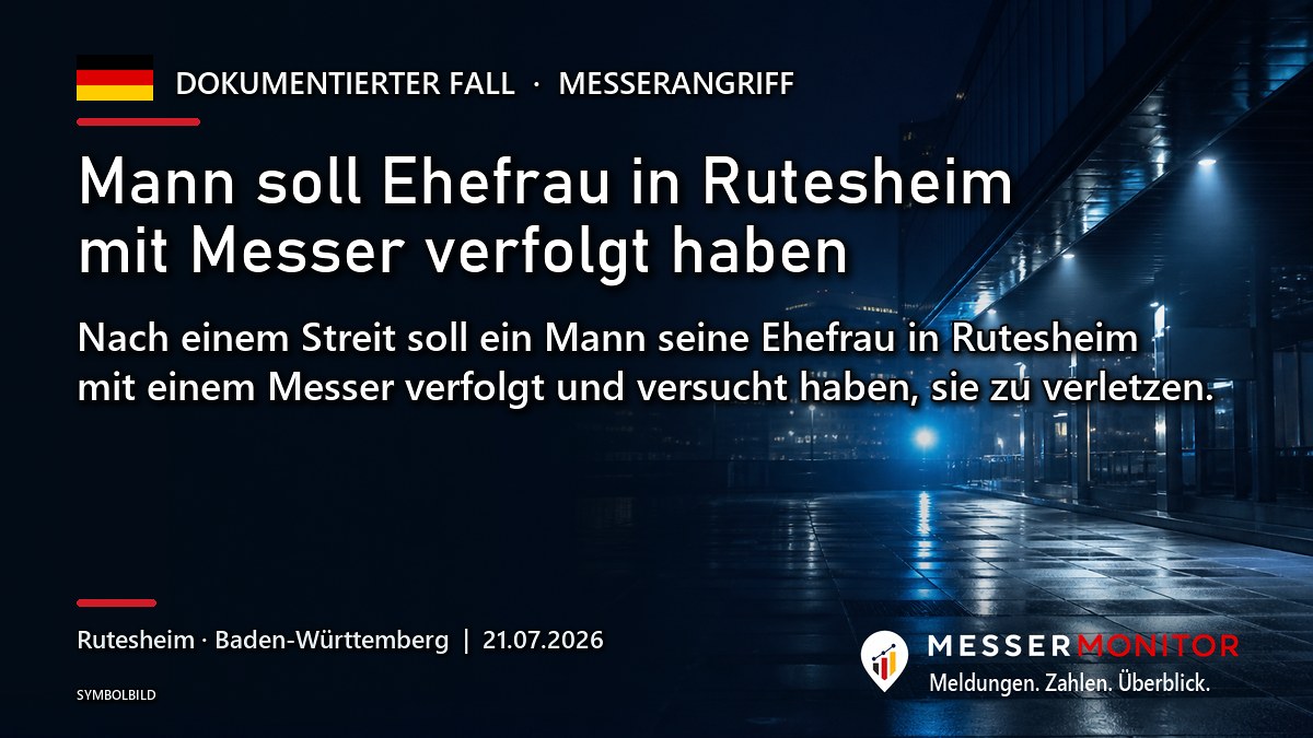 Titelgrafik: Mann soll Ehefrau in Rutesheim mit Messer verfolgt haben. Nach einem Streit soll ein Mann seine Ehefrau in Rutesheim mit einem Messer verfolgt und versucht haben, sie zu verletzen..
