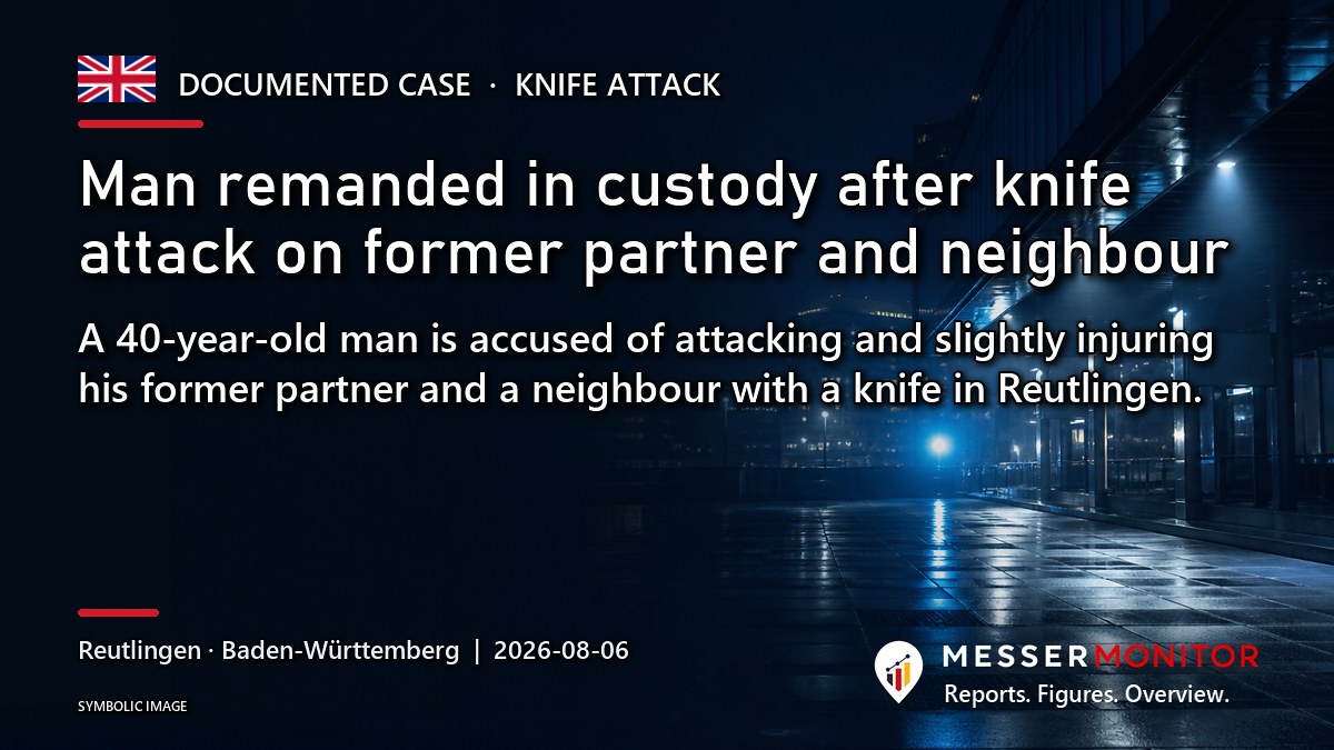 Title image: Man remanded in custody after knife attack on former partner and neighbour. A 40-year-old man is accused of attacking and slightly injuring his former partner and a neighbour with a knife in Reutlingen..