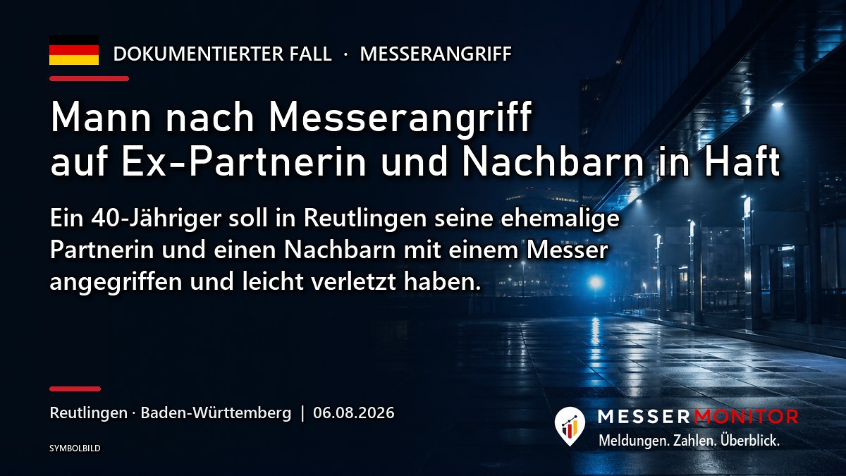 Titelgrafik: Mann nach Messerangriff auf Ex-Partnerin und Nachbarn in Haft. Ein 40-Jähriger soll in Reutlingen seine ehemalige Partnerin und einen Nachbarn mit einem Messer angegriffen und leicht verletzt haben..