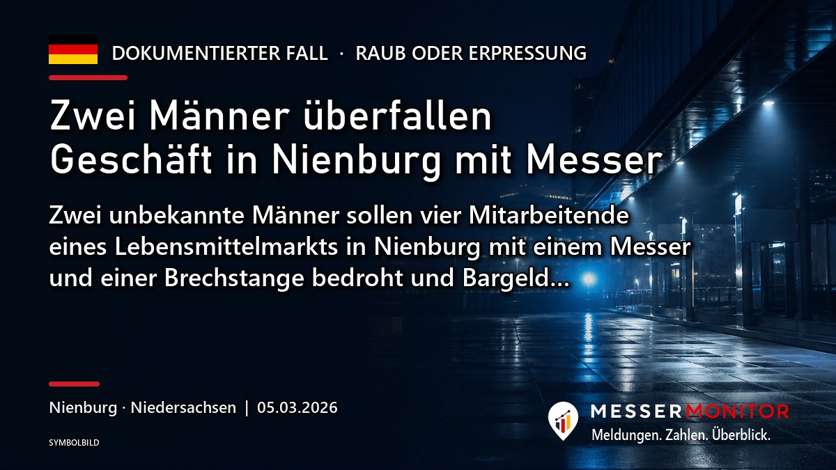 Titelgrafik: Zwei Männer überfallen Geschäft in Nienburg mit Messer. Zwei unbekannte Männer sollen vier Mitarbeitende eines Lebensmittelmarkts in Nienburg mit einem Messer und einer Brechstange bedroht und Bargeld….