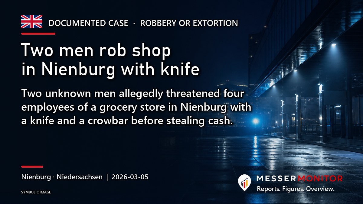 Title image: Two men rob shop in Nienburg with knife. Two unknown men allegedly threatened four employees of a grocery store in Nienburg with a knife and a crowbar before stealing cash..