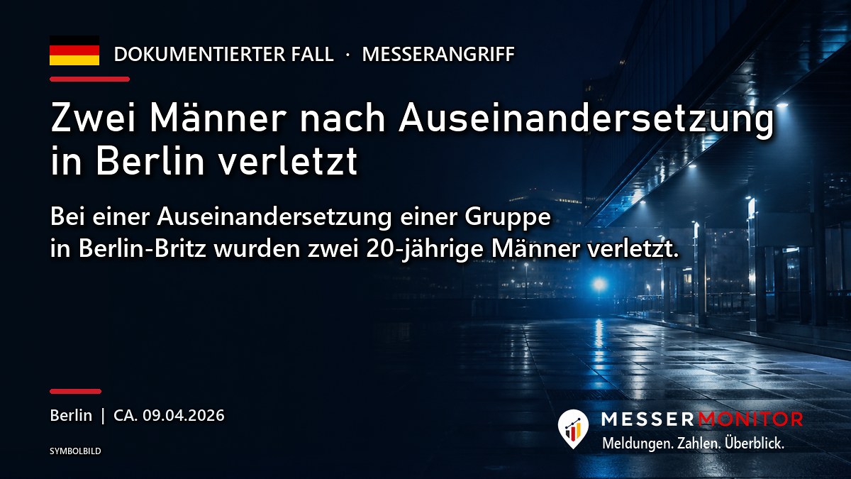 Titelgrafik: Zwei Männer nach Auseinandersetzung in Berlin verletzt. Bei einer Auseinandersetzung einer Gruppe in Berlin-Britz wurden zwei 20-jährige Männer verletzt..
