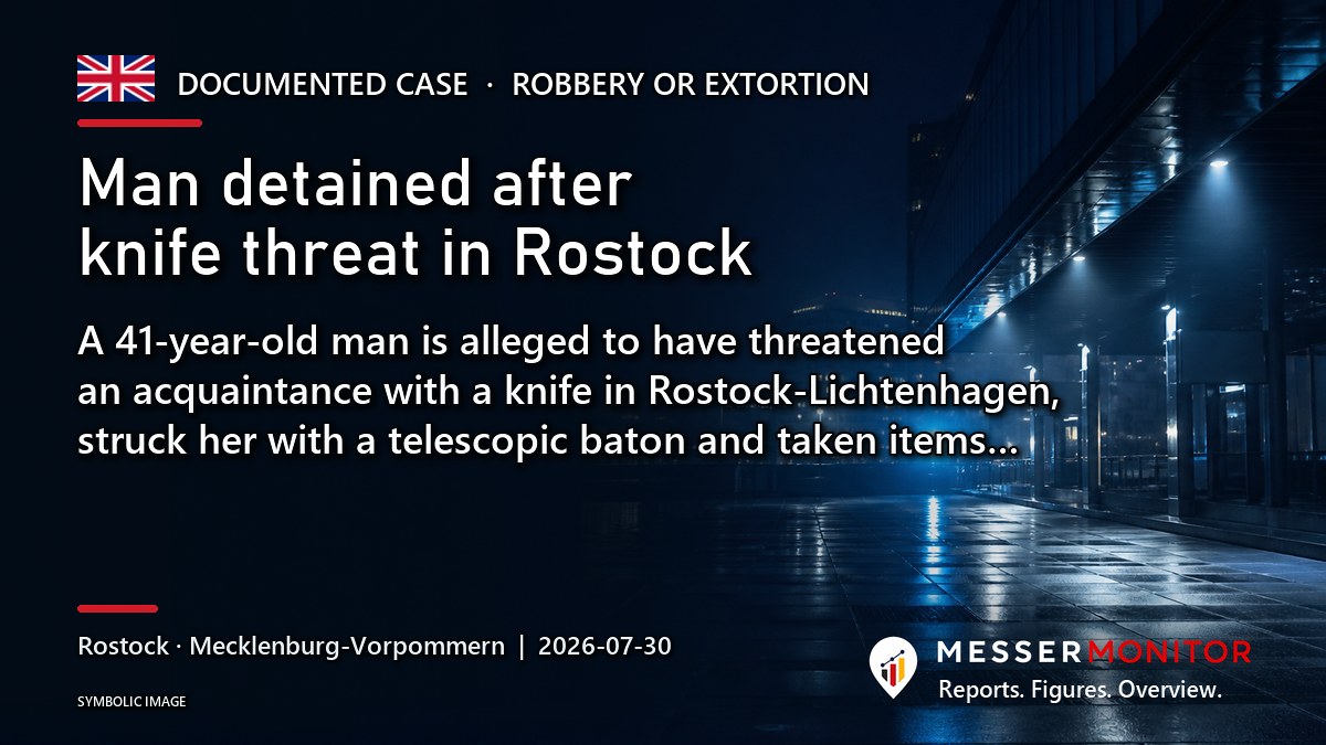 Title image: Man detained after knife threat in Rostock. A 41-year-old man is alleged to have threatened an acquaintance with a knife in Rostock-Lichtenhagen, struck her with a telescopic baton and taken items….