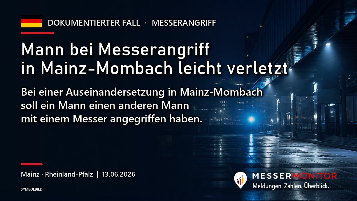 Titelgrafik: Mann bei Messerangriff in Mainz-Mombach leicht verletzt. Bei einer Auseinandersetzung in Mainz-Mombach soll ein Mann einen anderen Mann mit einem Messer angegriffen haben..