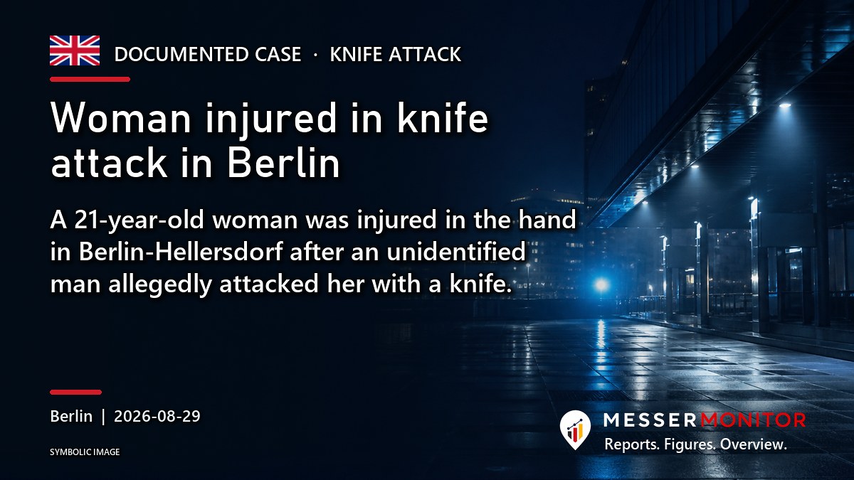 Title image: Woman injured in knife attack in Berlin. A 21-year-old woman was injured in the hand in Berlin-Hellersdorf after an unidentified man allegedly attacked her with a knife..