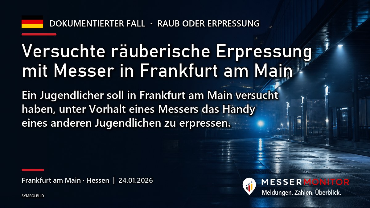 Titelgrafik: Versuchte räuberische Erpressung mit Messer in Frankfurt am Main. Ein Jugendlicher soll in Frankfurt am Main versucht haben, unter Vorhalt eines Messers das Handy eines anderen Jugendlichen zu erpressen..