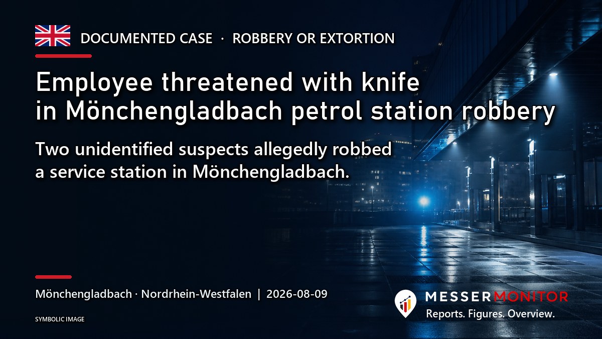 Title image: Employee threatened with knife in Mönchengladbach petrol station robbery. Two unidentified suspects allegedly robbed a service station in Mönchengladbach..