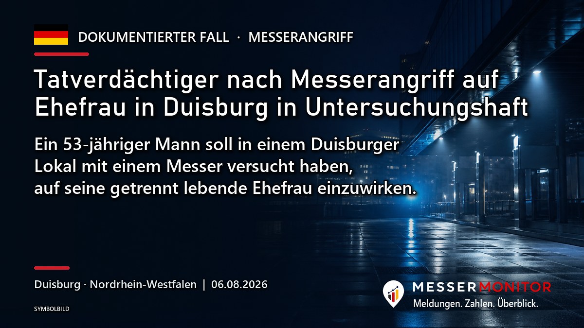 Titelgrafik: Tatverdächtiger nach Messerangriff auf Ehefrau in Duisburg in Untersuchungshaft. Ein 53-jähriger Mann soll in einem Duisburger Lokal mit einem Messer versucht haben, auf seine getrennt lebende Ehefrau einzuwirken..