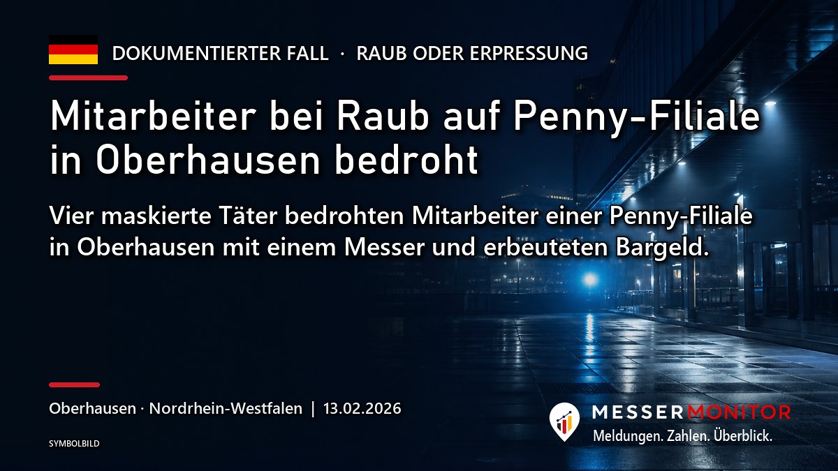 Titelgrafik: Mitarbeiter bei Raub auf Penny-Filiale in Oberhausen bedroht. Vier maskierte Täter bedrohten Mitarbeiter einer Penny-Filiale in Oberhausen mit einem Messer und erbeuteten Bargeld..