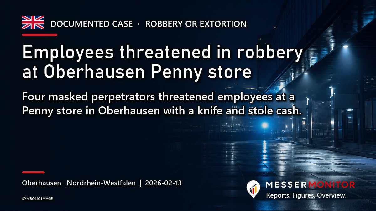 Title image: Employees threatened in robbery at Oberhausen Penny store. Four masked perpetrators threatened employees at a Penny store in Oberhausen with a knife and stole cash..