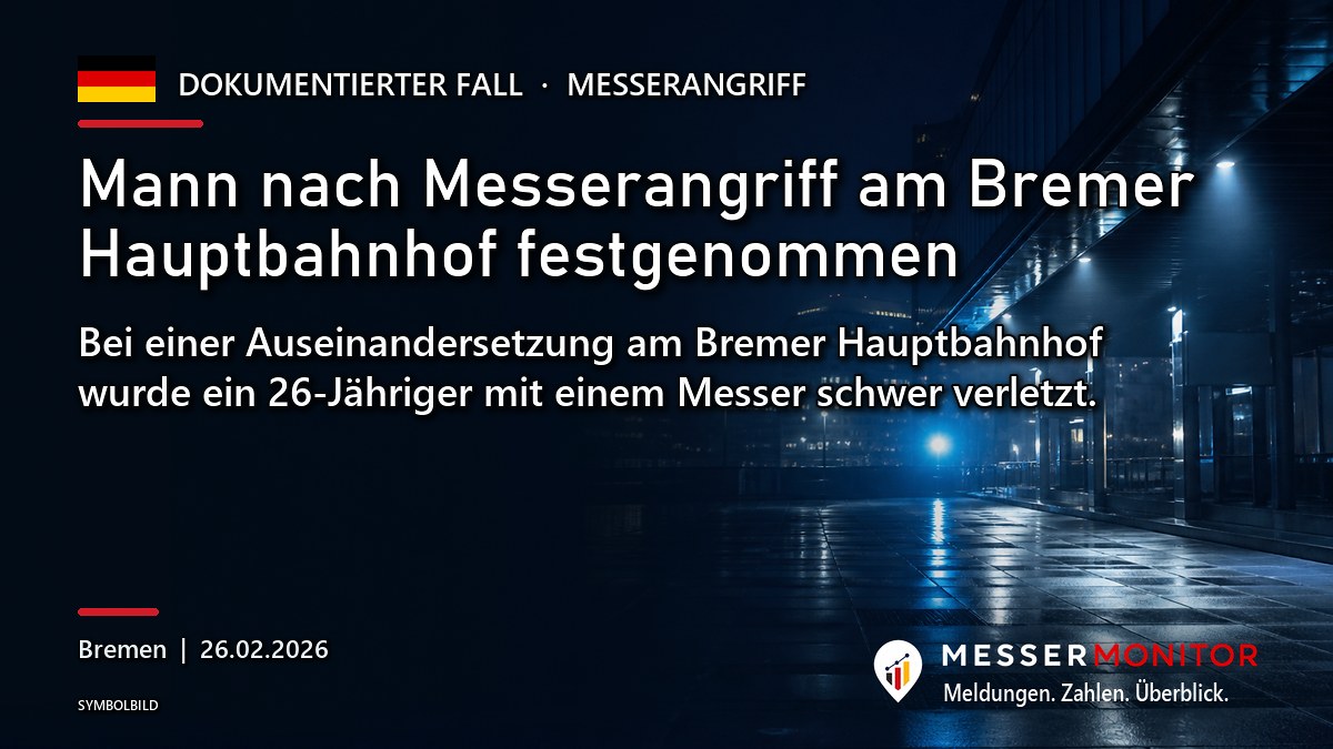 Titelgrafik: Mann nach Messerangriff am Bremer Hauptbahnhof festgenommen. Bei einer Auseinandersetzung am Bremer Hauptbahnhof wurde ein 26-Jähriger mit einem Messer schwer verletzt..