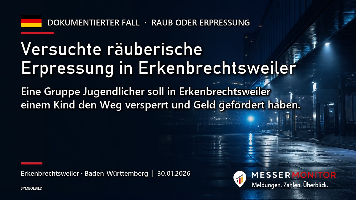 Titelgrafik: Versuchte räuberische Erpressung in Erkenbrechtsweiler. Eine Gruppe Jugendlicher soll in Erkenbrechtsweiler einem Kind den Weg versperrt und Geld gefordert haben..