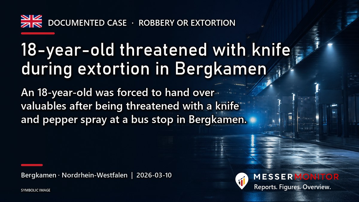 Title image: 18-year-old threatened with knife during extortion in Bergkamen. An 18-year-old was forced to hand over valuables after being threatened with a knife and pepper spray at a bus stop in Bergkamen..