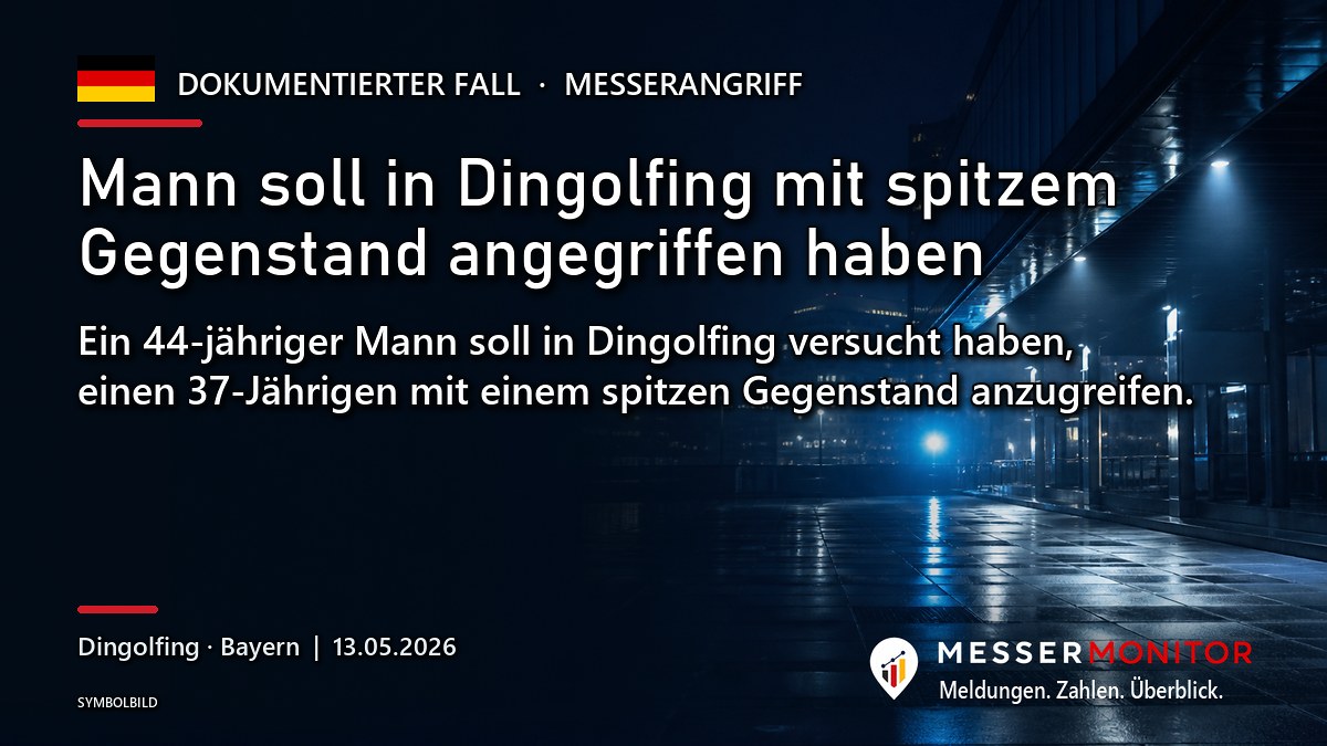 Titelgrafik: Mann soll in Dingolfing mit spitzem Gegenstand angegriffen haben. Ein 44-jähriger Mann soll in Dingolfing versucht haben, einen 37-Jährigen mit einem spitzen Gegenstand anzugreifen..