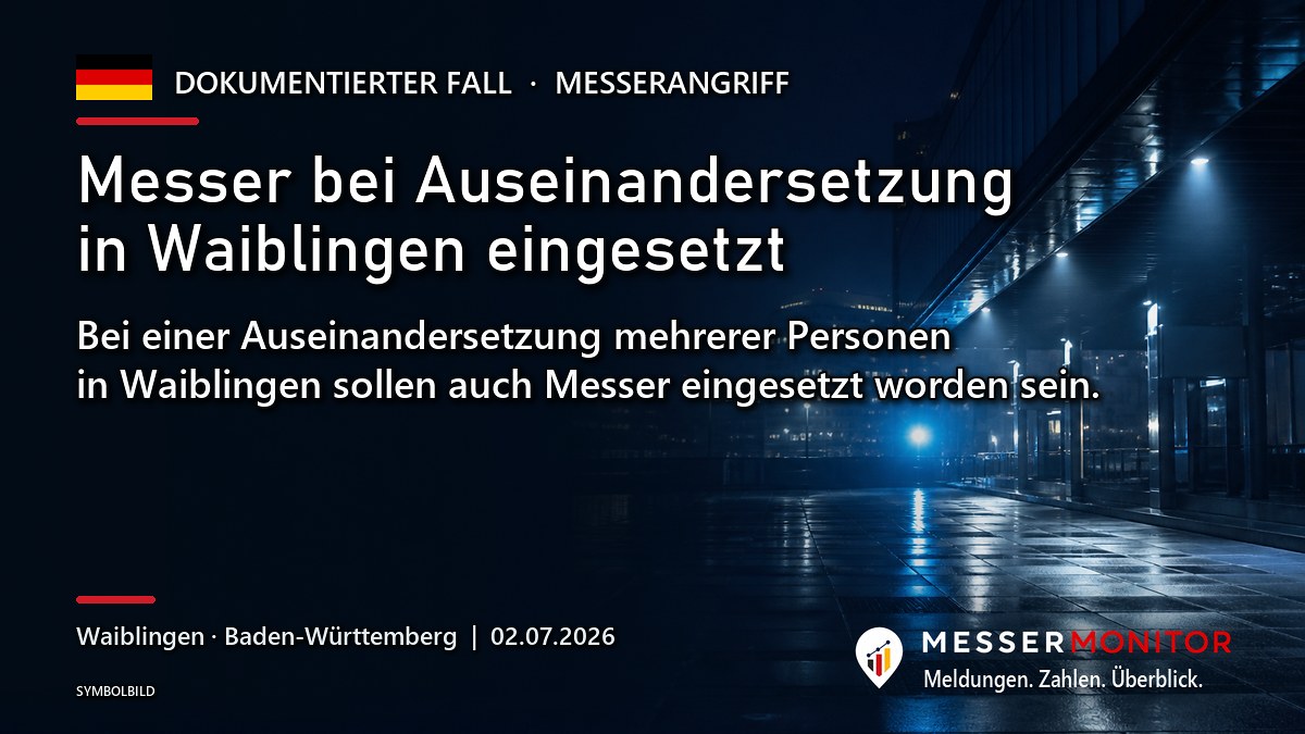 Titelgrafik: Messer bei Auseinandersetzung in Waiblingen eingesetzt. Bei einer Auseinandersetzung mehrerer Personen in Waiblingen sollen auch Messer eingesetzt worden sein..