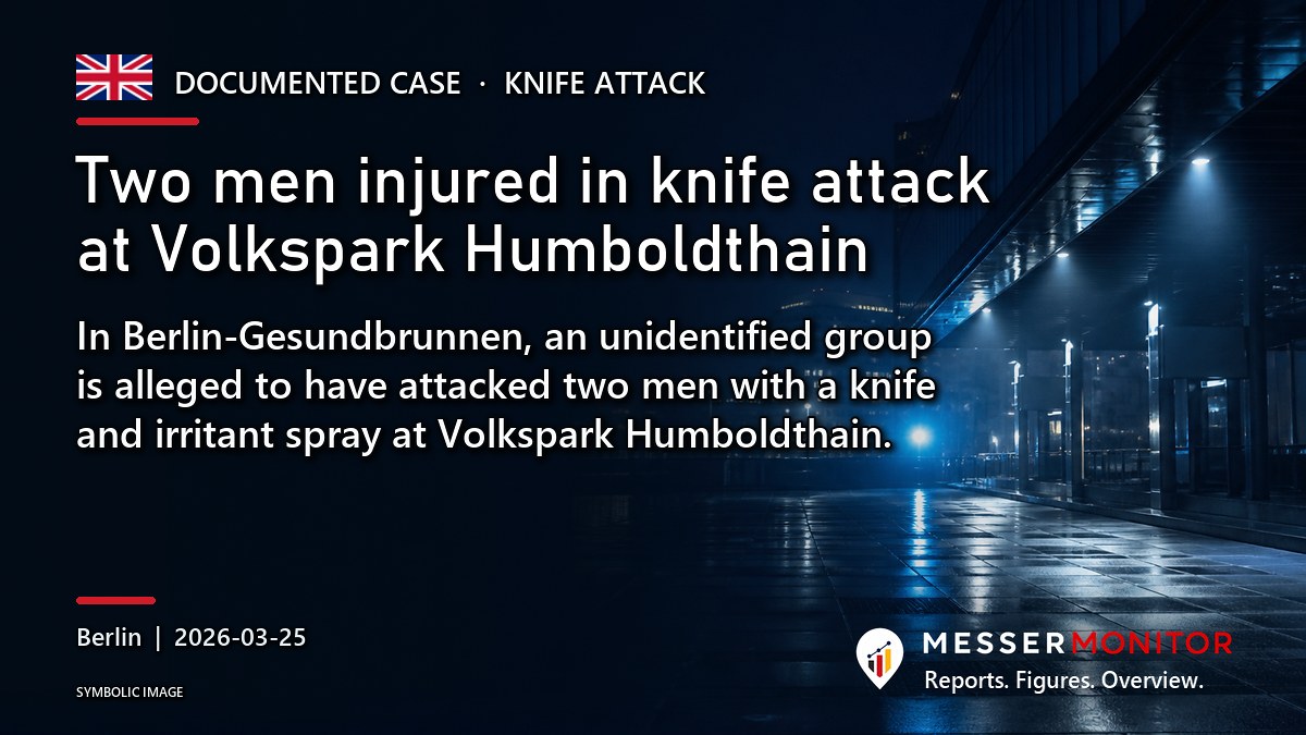 Title image: Two men injured in knife attack at Volkspark Humboldthain. In Berlin-Gesundbrunnen, an unidentified group is alleged to have attacked two men with a knife and irritant spray at Volkspark Humboldthain..