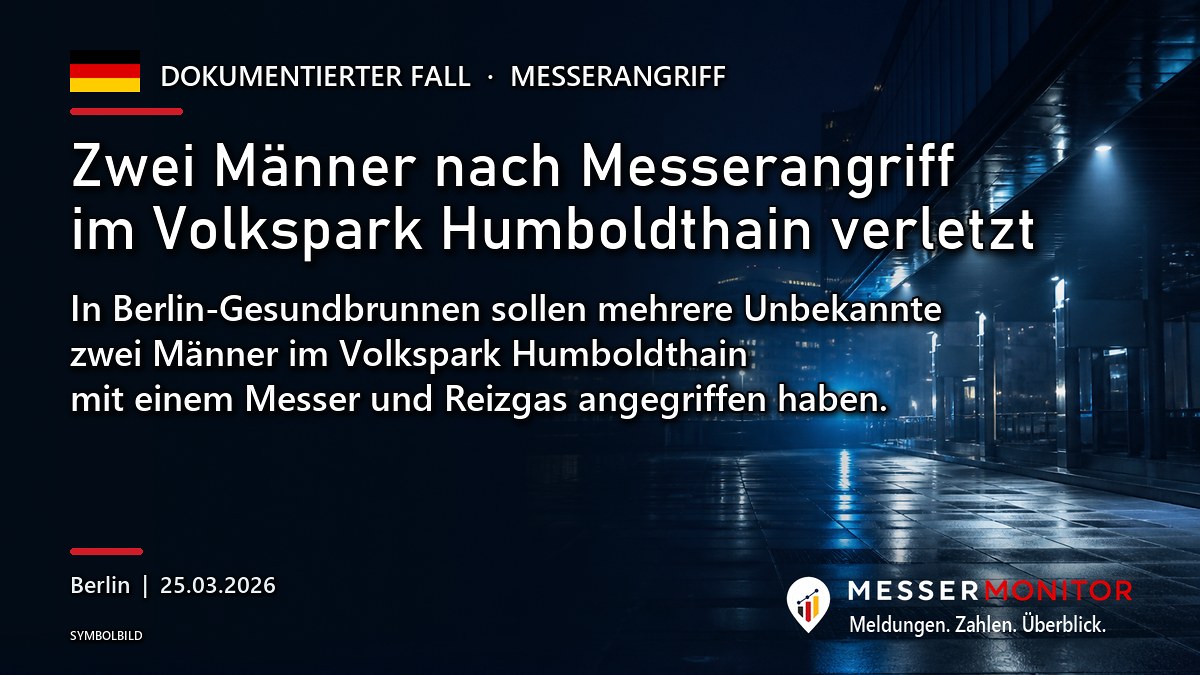 Titelgrafik: Zwei Männer nach Messerangriff im Volkspark Humboldthain verletzt. In Berlin-Gesundbrunnen sollen mehrere Unbekannte zwei Männer im Volkspark Humboldthain mit einem Messer und Reizgas angegriffen haben..