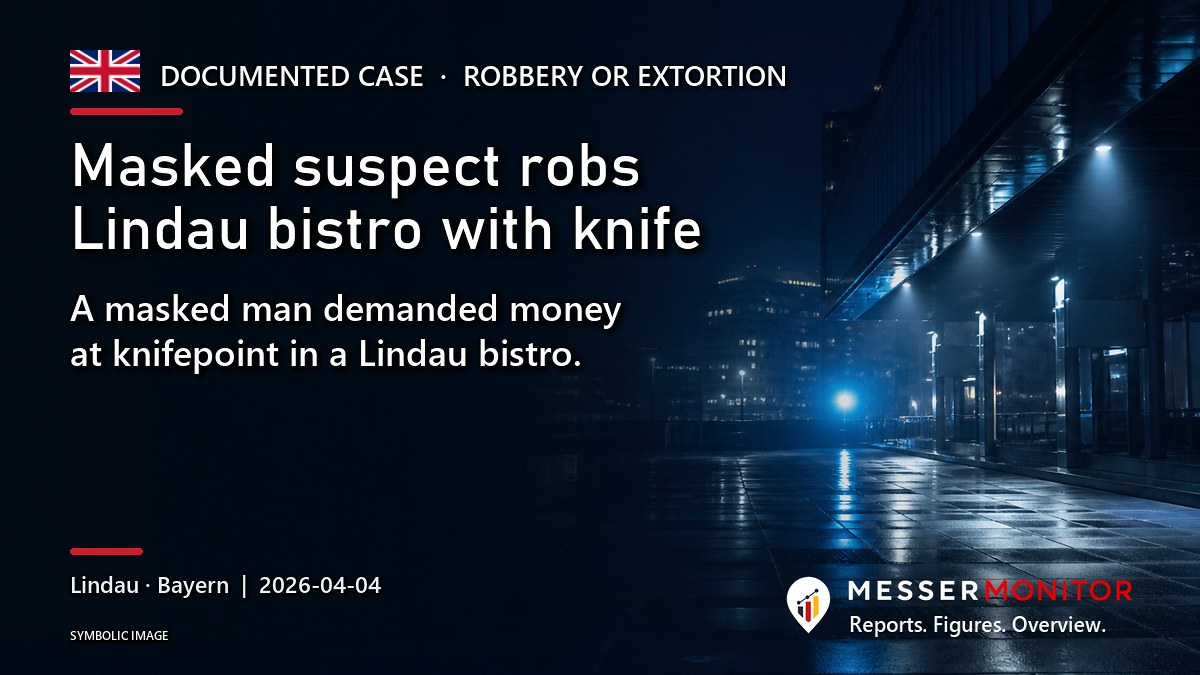 Title image: Masked suspect robs Lindau bistro with knife. A masked man demanded money at knifepoint in a Lindau bistro..