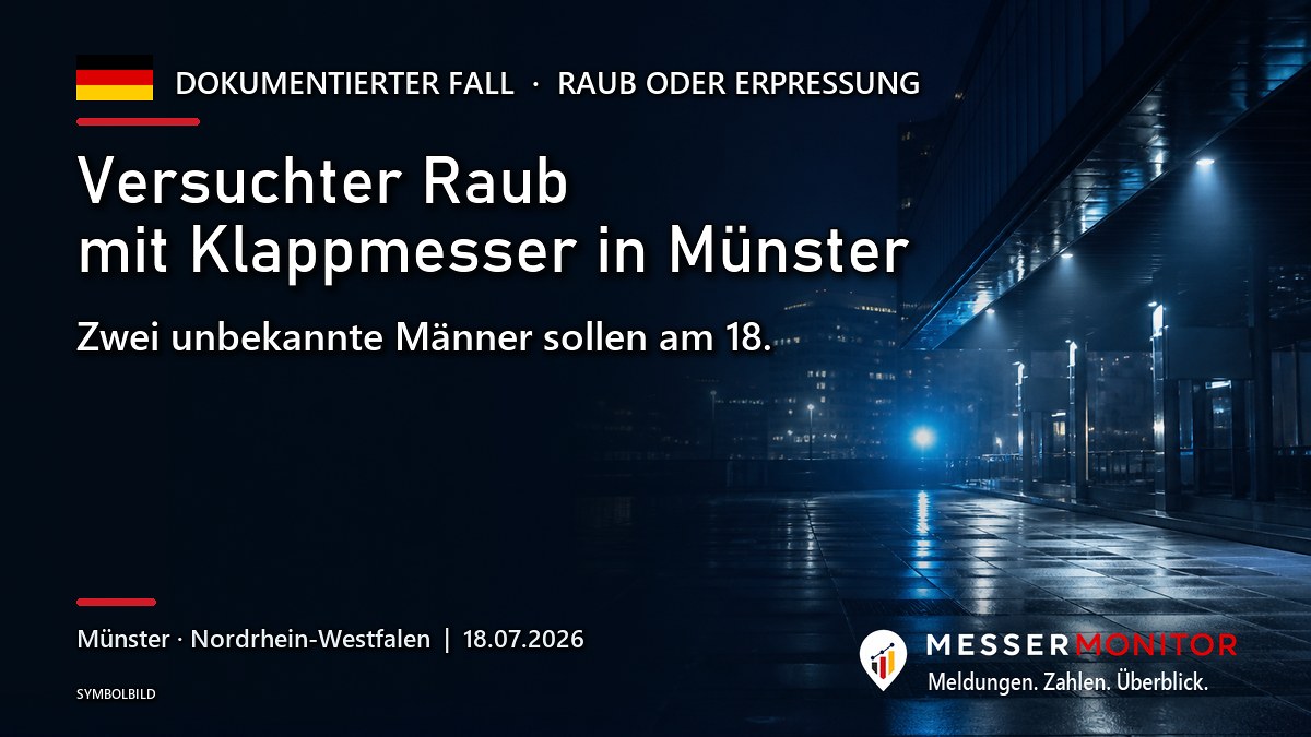 Titelgrafik: Versuchter Raub mit Klappmesser in Münster. Zwei unbekannte Männer sollen am 18..
