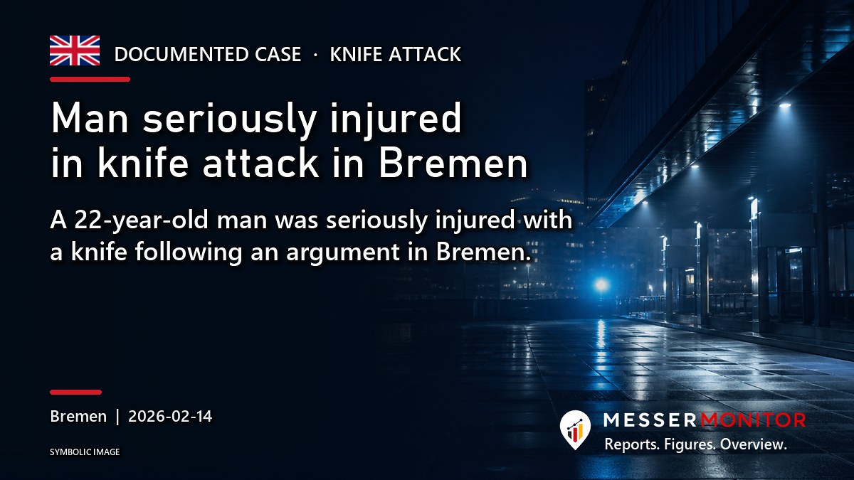 Title image: Man seriously injured in knife attack in Bremen. A 22-year-old man was seriously injured with a knife following an argument in Bremen..