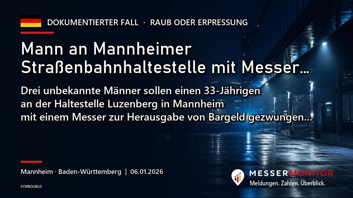 Titelgrafik: Mann an Mannheimer Straßenbahnhaltestelle mit Messer…. Drei unbekannte Männer sollen einen 33-Jährigen an der Haltestelle Luzenberg in Mannheim mit einem Messer zur Herausgabe von Bargeld gezwungen….