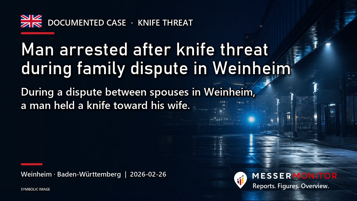 Title image: Man arrested after knife threat during family dispute in Weinheim. During a dispute between spouses in Weinheim, a man held a knife toward his wife..