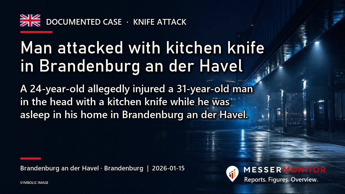 Title image: Man attacked with kitchen knife in Brandenburg an der Havel. A 24-year-old allegedly injured a 31-year-old man in the head with a kitchen knife while he was asleep in his home in Brandenburg an der Havel..