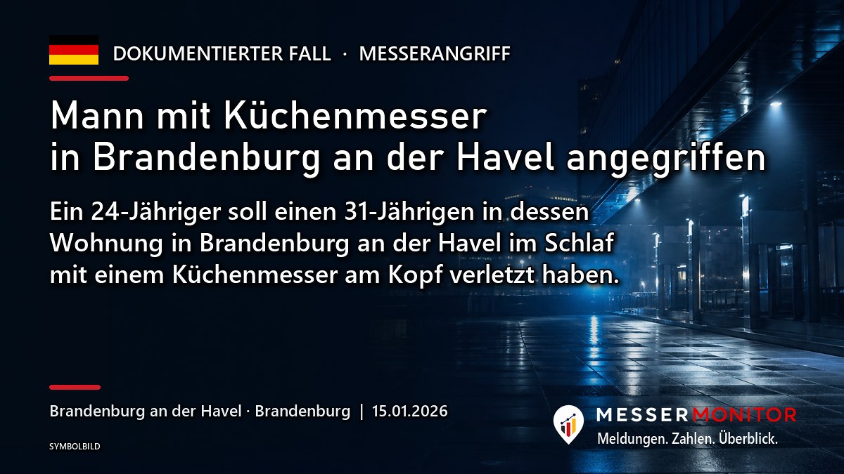 Titelgrafik: Mann mit Küchenmesser in Brandenburg an der Havel angegriffen. Ein 24-Jähriger soll einen 31-Jährigen in dessen Wohnung in Brandenburg an der Havel im Schlaf mit einem Küchenmesser am Kopf verletzt haben..