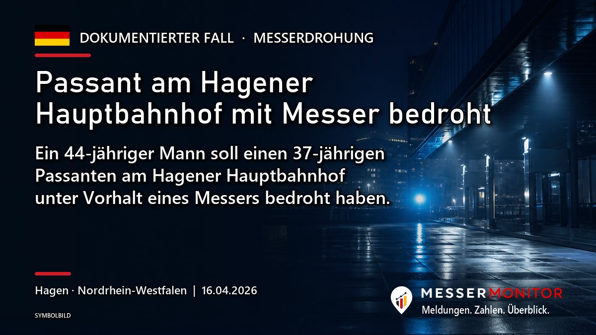 Titelgrafik: Passant am Hagener Hauptbahnhof mit Messer bedroht. Ein 44-jähriger Mann soll einen 37-jährigen Passanten am Hagener Hauptbahnhof unter Vorhalt eines Messers bedroht haben..