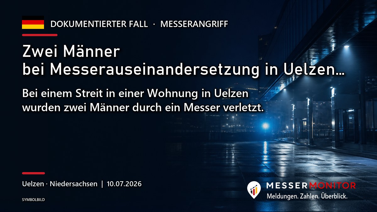 Titelgrafik: Zwei Männer bei Messerauseinandersetzung in Uelzen…. Bei einem Streit in einer Wohnung in Uelzen wurden zwei Männer durch ein Messer verletzt..