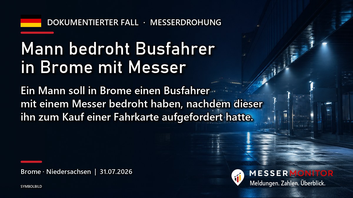 Titelgrafik: Mann bedroht Busfahrer in Brome mit Messer. Ein Mann soll in Brome einen Busfahrer mit einem Messer bedroht haben, nachdem dieser ihn zum Kauf einer Fahrkarte aufgefordert hatte..