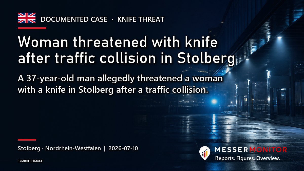Title image: Woman threatened with knife after traffic collision in Stolberg. A 37-year-old man allegedly threatened a woman with a knife in Stolberg after a traffic collision..