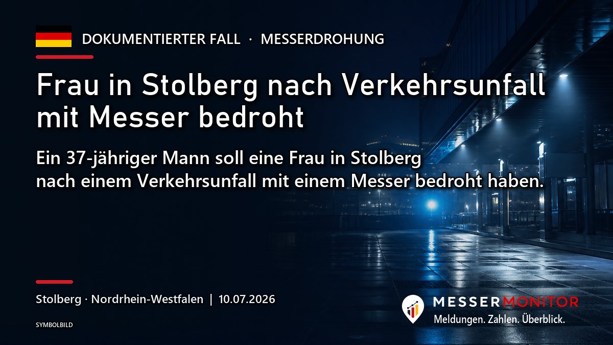 Titelgrafik: Frau in Stolberg nach Verkehrsunfall mit Messer bedroht. Ein 37-jähriger Mann soll eine Frau in Stolberg nach einem Verkehrsunfall mit einem Messer bedroht haben..