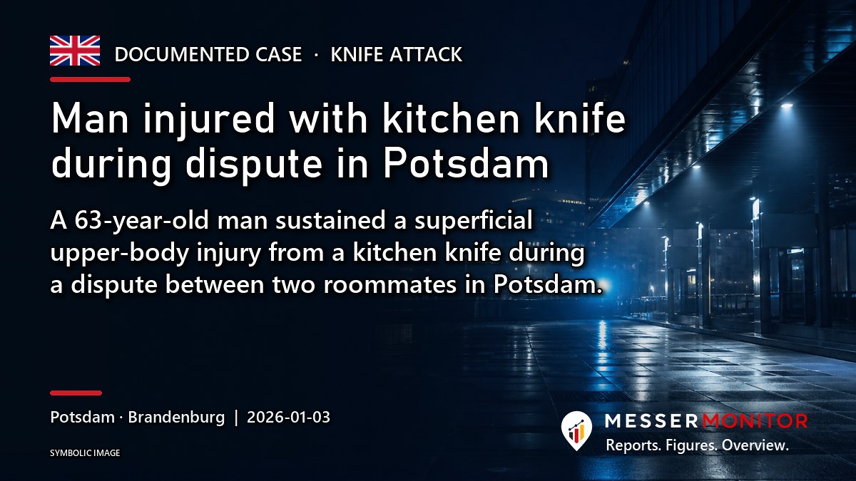 Title image: Man injured with kitchen knife during dispute in Potsdam. A 63-year-old man sustained a superficial upper-body injury from a kitchen knife during a dispute between two roommates in Potsdam..