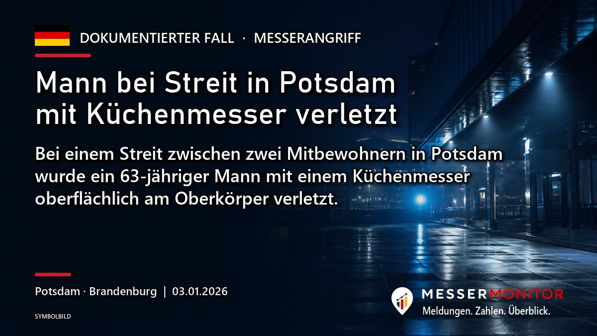 Titelgrafik: Mann bei Streit in Potsdam mit Küchenmesser verletzt. Bei einem Streit zwischen zwei Mitbewohnern in Potsdam wurde ein 63-jähriger Mann mit einem Küchenmesser oberflächlich am Oberkörper verletzt..