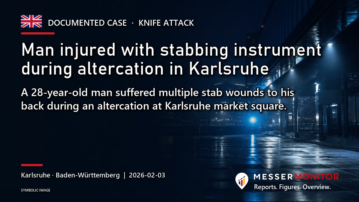 Title image: Man injured with stabbing instrument during altercation in Karlsruhe. A 28-year-old man suffered multiple stab wounds to his back during an altercation at Karlsruhe market square..