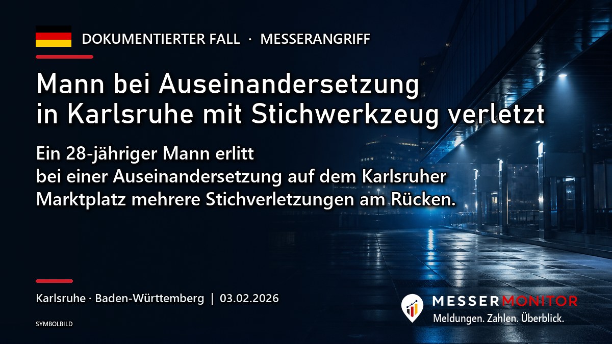 Titelgrafik: Mann bei Auseinandersetzung in Karlsruhe mit Stichwerkzeug verletzt. Ein 28-jähriger Mann erlitt bei einer Auseinandersetzung auf dem Karlsruher Marktplatz mehrere Stichverletzungen am Rücken..