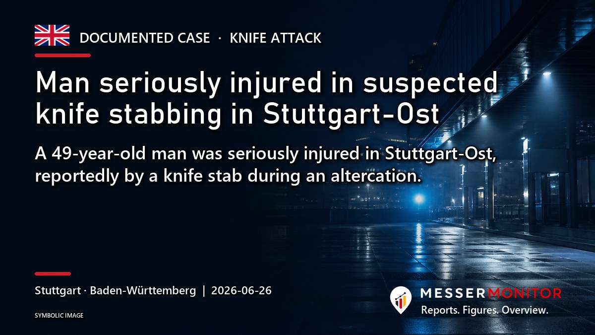 Title image: Man seriously injured in suspected knife stabbing in Stuttgart-Ost. A 49-year-old man was seriously injured in Stuttgart-Ost, reportedly by a knife stab during an altercation..