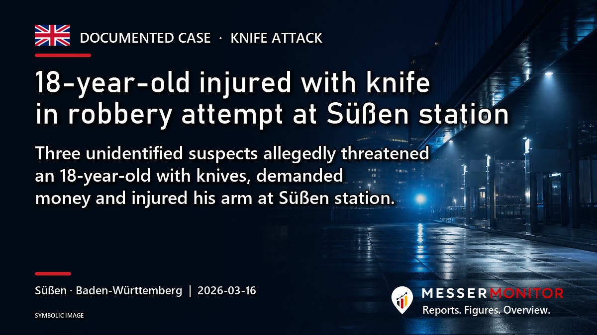 Title image: 18-year-old injured with knife in robbery attempt at Süßen station. Three unidentified suspects allegedly threatened an 18-year-old with knives, demanded money and injured his arm at Süßen station..