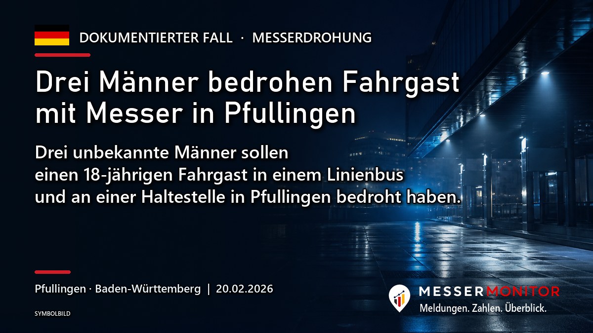 Titelgrafik: Drei Männer bedrohen Fahrgast mit Messer in Pfullingen. Drei unbekannte Männer sollen einen 18-jährigen Fahrgast in einem Linienbus und an einer Haltestelle in Pfullingen bedroht haben..