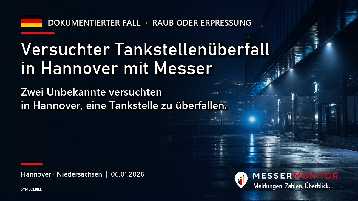 Titelgrafik: Versuchter Tankstellenüberfall in Hannover mit Messer. Zwei Unbekannte versuchten in Hannover, eine Tankstelle zu überfallen..