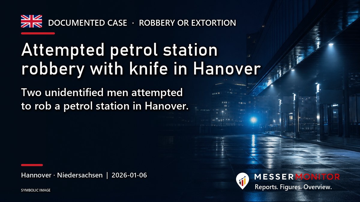 Title image: Attempted petrol station robbery with knife in Hanover. Two unidentified men attempted to rob a petrol station in Hanover..