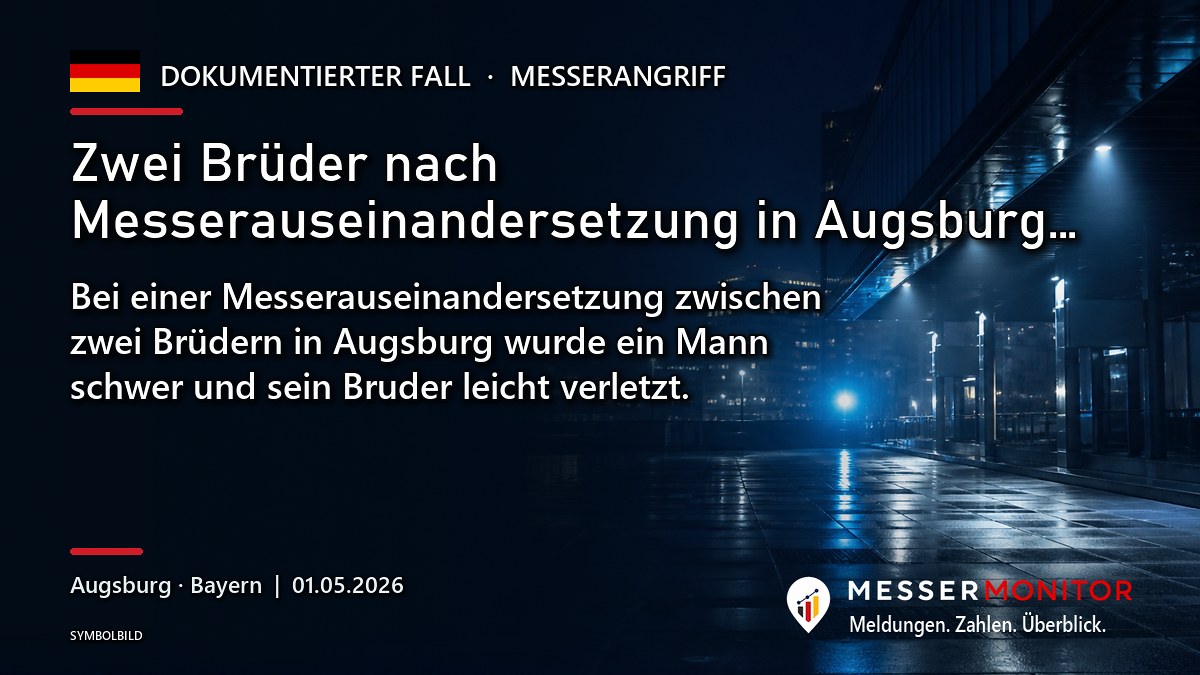 Titelgrafik: Zwei Brüder nach Messerauseinandersetzung in Augsburg…. Bei einer Messerauseinandersetzung zwischen zwei Brüdern in Augsburg wurde ein Mann schwer und sein Bruder leicht verletzt..