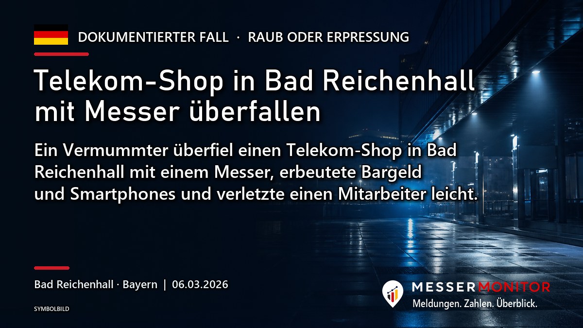 Titelgrafik: Telekom-Shop in Bad Reichenhall mit Messer überfallen. Ein Vermummter überfiel einen Telekom-Shop in Bad Reichenhall mit einem Messer, erbeutete Bargeld und Smartphones und verletzte einen Mitarbeiter leicht..