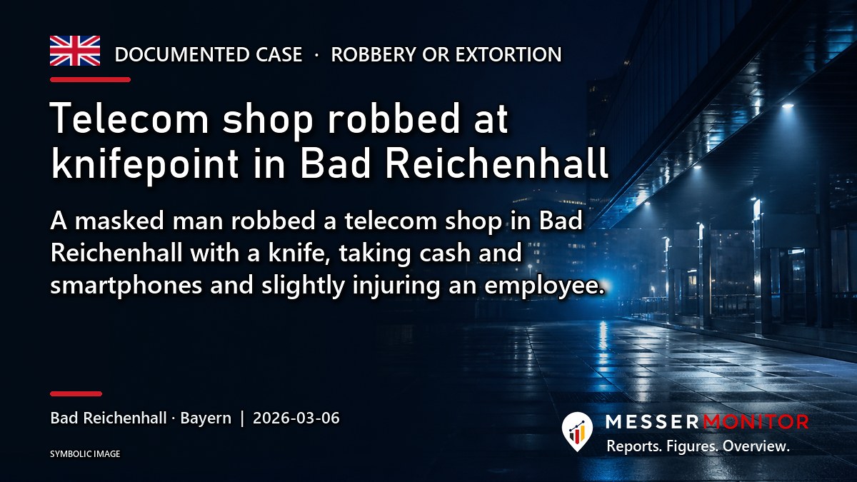 Title image: Telecom shop robbed at knifepoint in Bad Reichenhall. A masked man robbed a telecom shop in Bad Reichenhall with a knife, taking cash and smartphones and slightly injuring an employee..