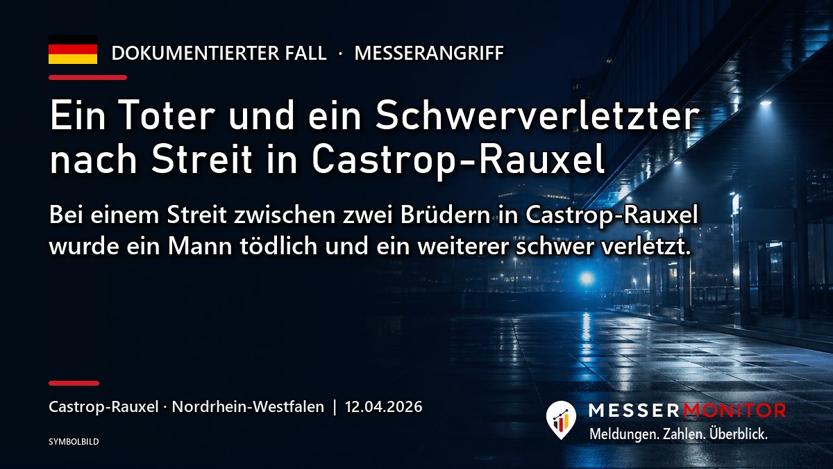 Titelgrafik: Ein Toter und ein Schwerverletzter nach Streit in Castrop-Rauxel. Bei einem Streit zwischen zwei Brüdern in Castrop-Rauxel wurde ein Mann tödlich und ein weiterer schwer verletzt..