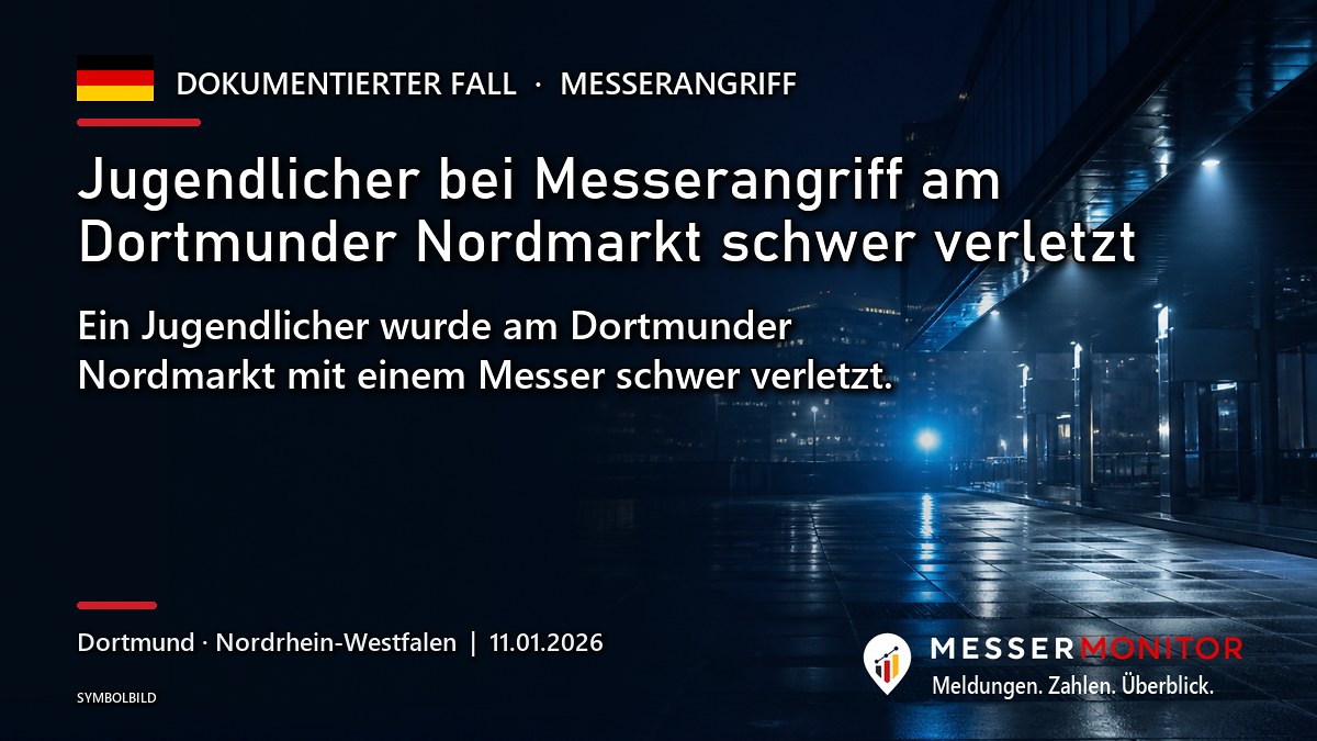 Titelgrafik: Jugendlicher bei Messerangriff am Dortmunder Nordmarkt schwer verletzt. Ein Jugendlicher wurde am Dortmunder Nordmarkt mit einem Messer schwer verletzt..