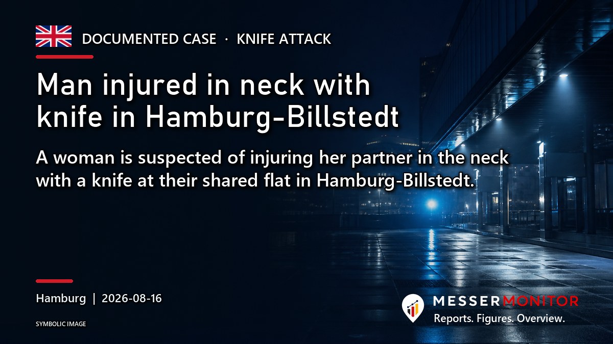 Title image: Man injured in neck with knife in Hamburg-Billstedt. A woman is suspected of injuring her partner in the neck with a knife at their shared flat in Hamburg-Billstedt..